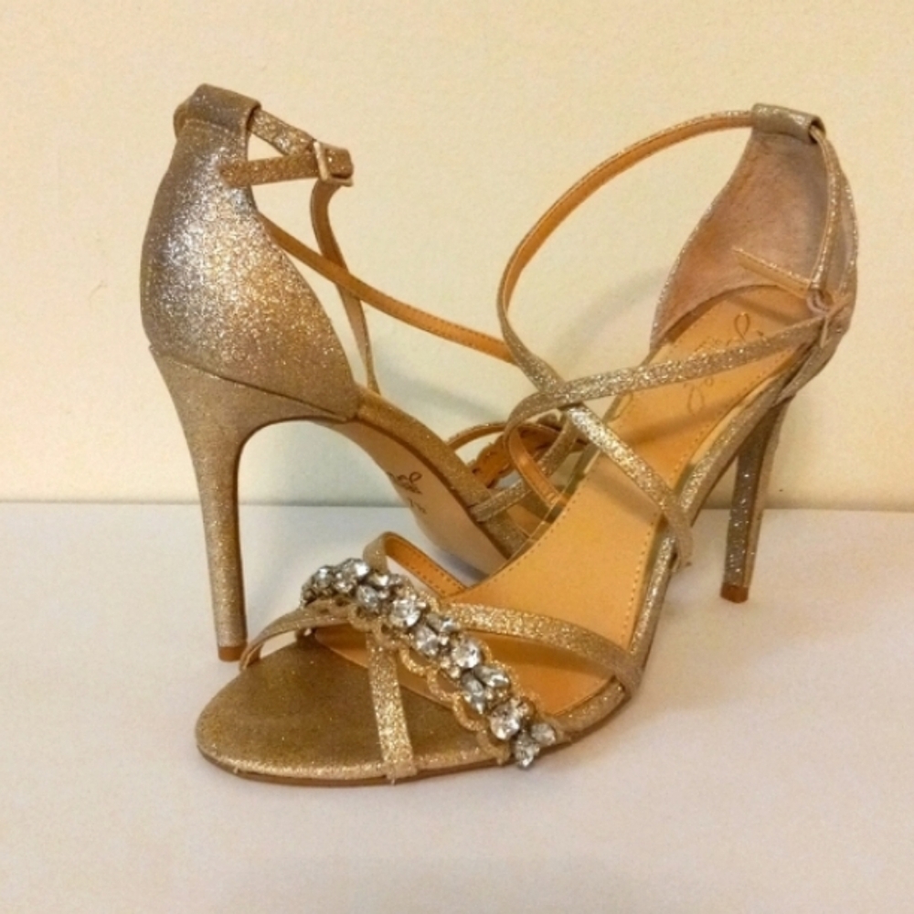 Like New, Jewel Badgley Mischka Heeled Sandals, Sz 7.5, Gold